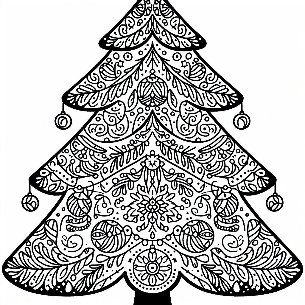 A black and white christmas tree with ornaments