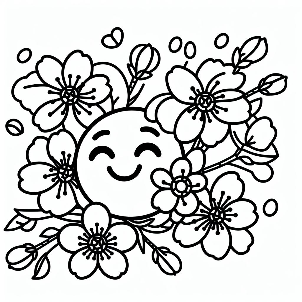 A black and white drawing of a smiley face surrounded by flowers