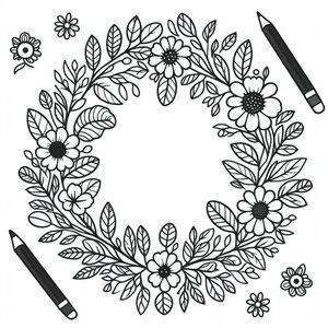 A black and white drawing of a wreath with flowers