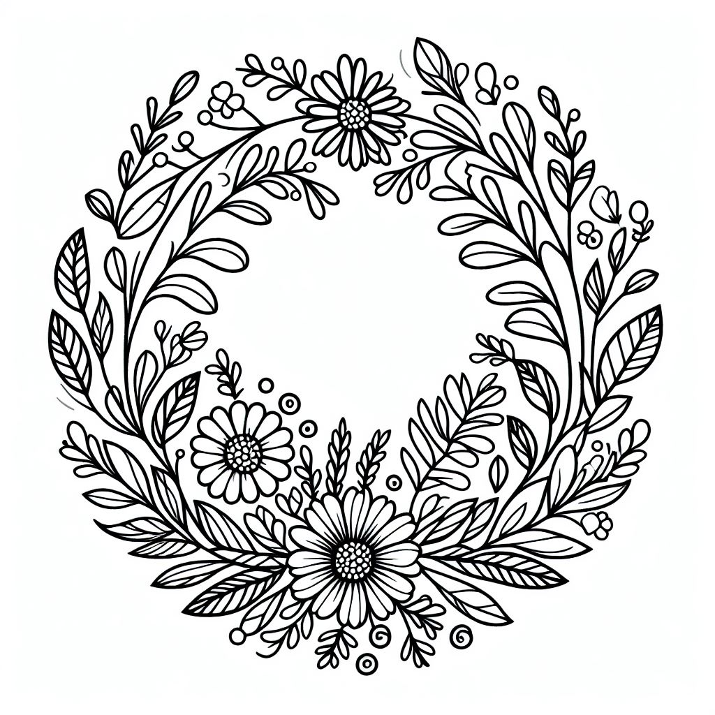 A black and white drawing of a wreath