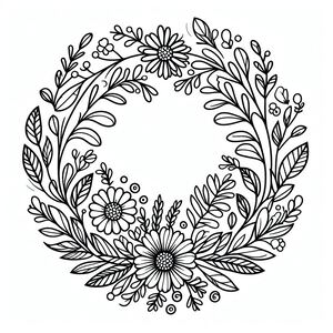 A black and white drawing of a wreath