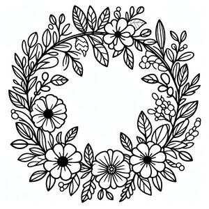 A black and white floral wreath with leaves