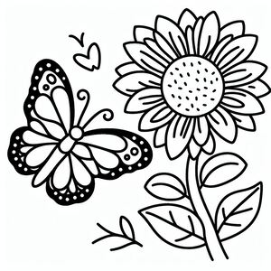 A black and white drawing of a flower and a butterfly