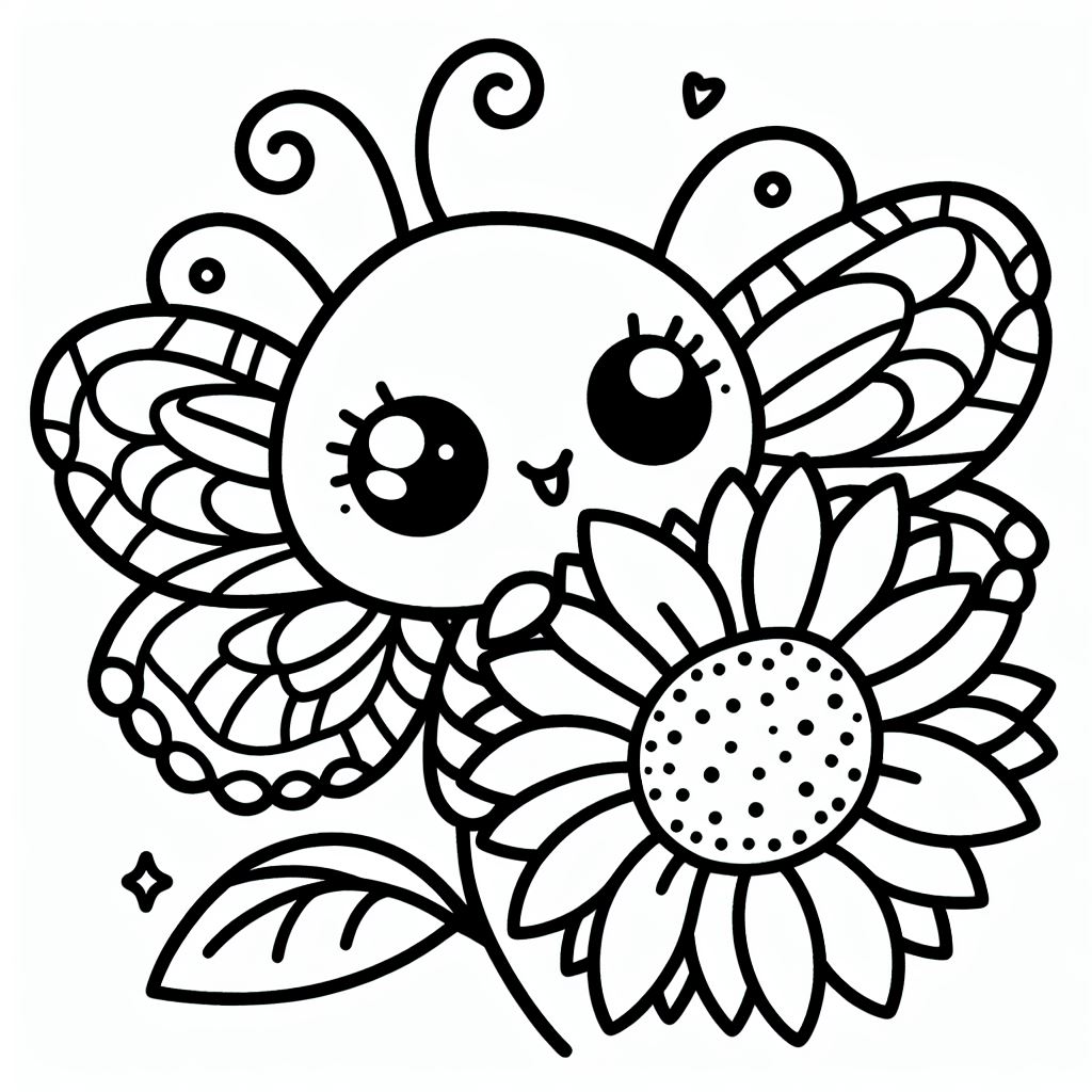 A black and white drawing of a flower with a cute face