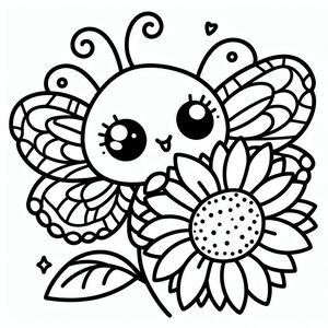 A black and white drawing of a flower with a cute face