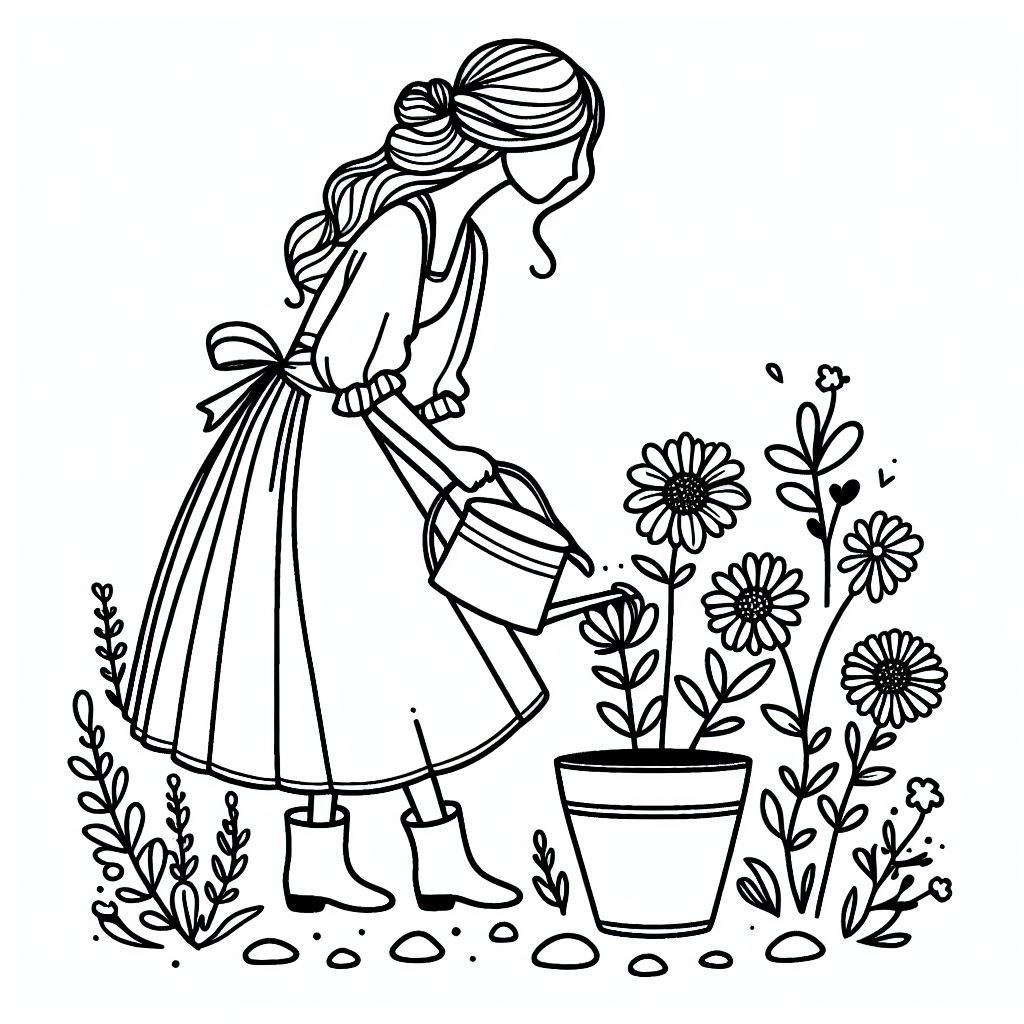 A girl watering flowers with a watering can