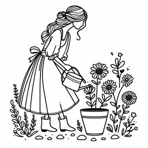 A girl watering flowers with a watering can