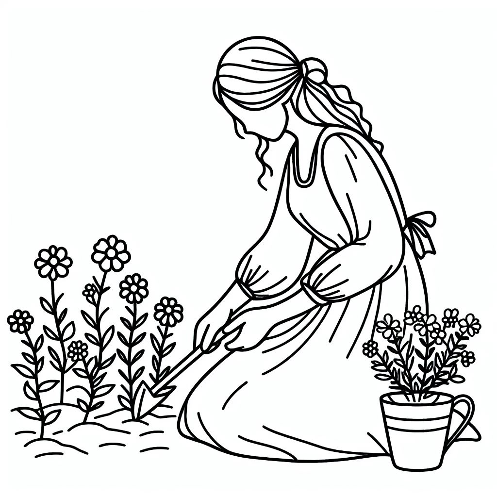 A woman kneeling down with a potted plant in her hand