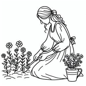 A woman kneeling down with a potted plant in her hand