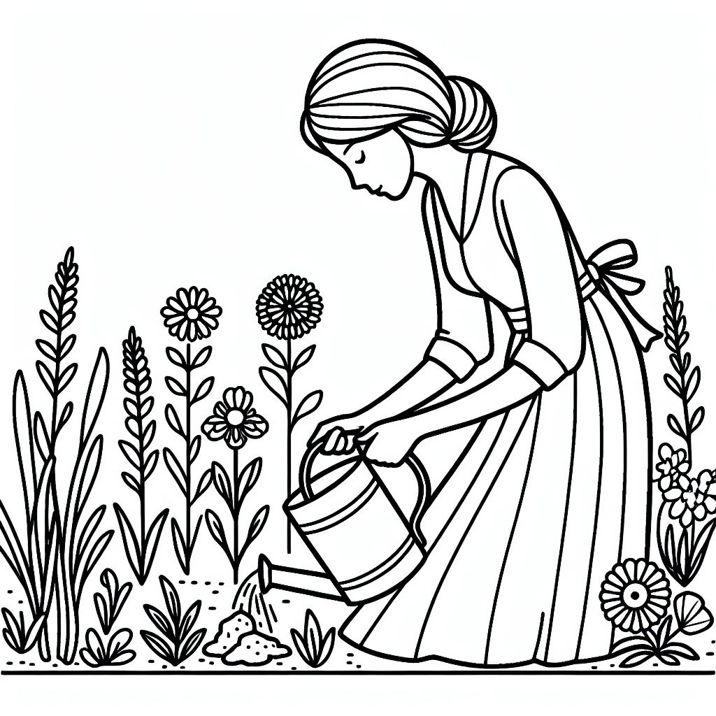 A woman watering flowers in a field