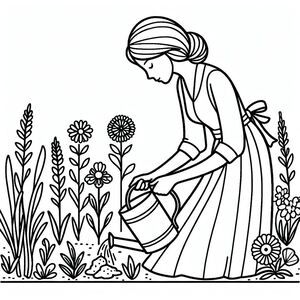 A woman watering flowers in a field