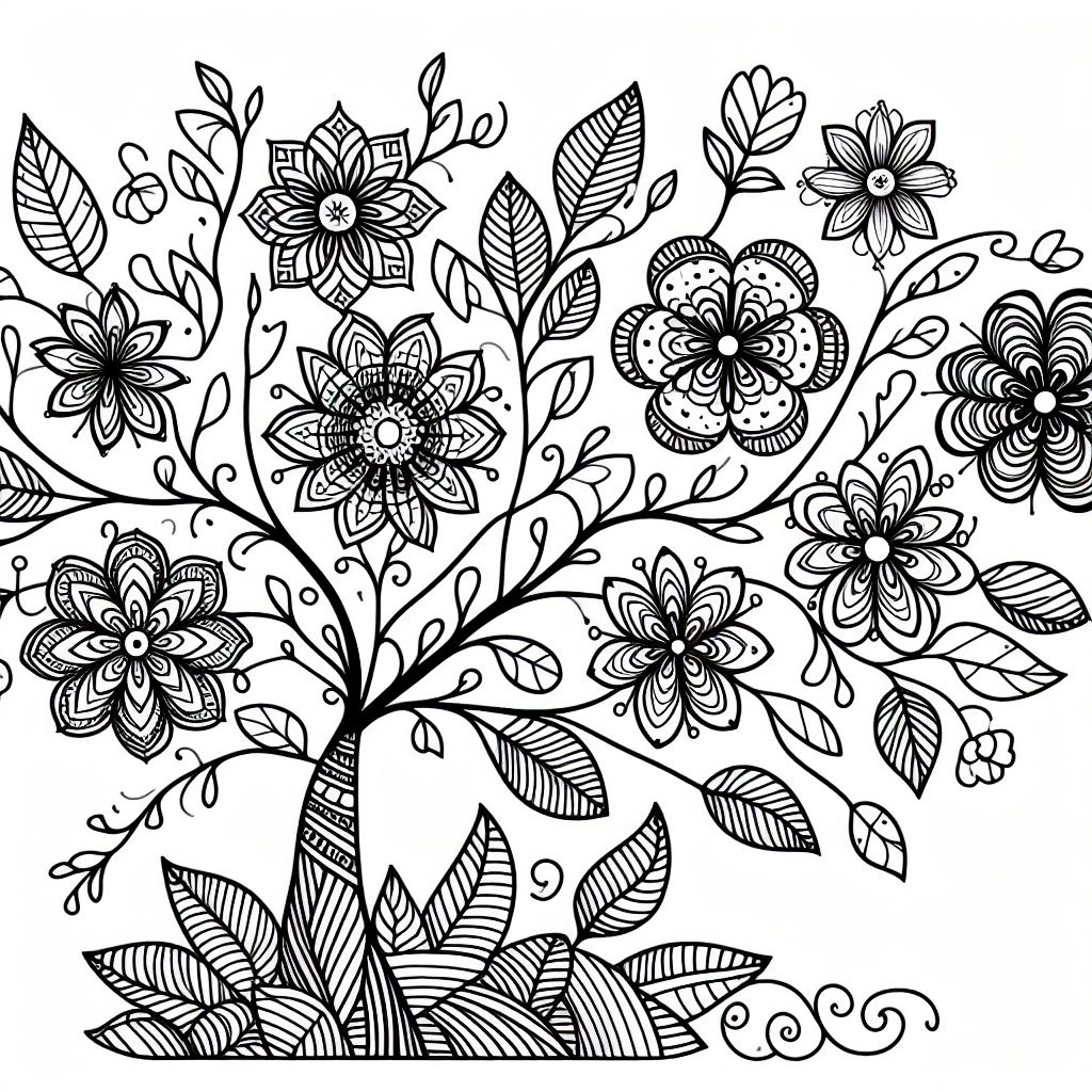 A black and white drawing of a tree with flowers 3