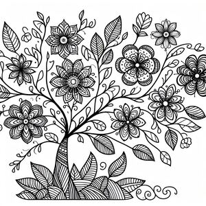 A black and white drawing of a tree with flowers 3