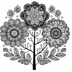 A black and white drawing of a tree with flowers