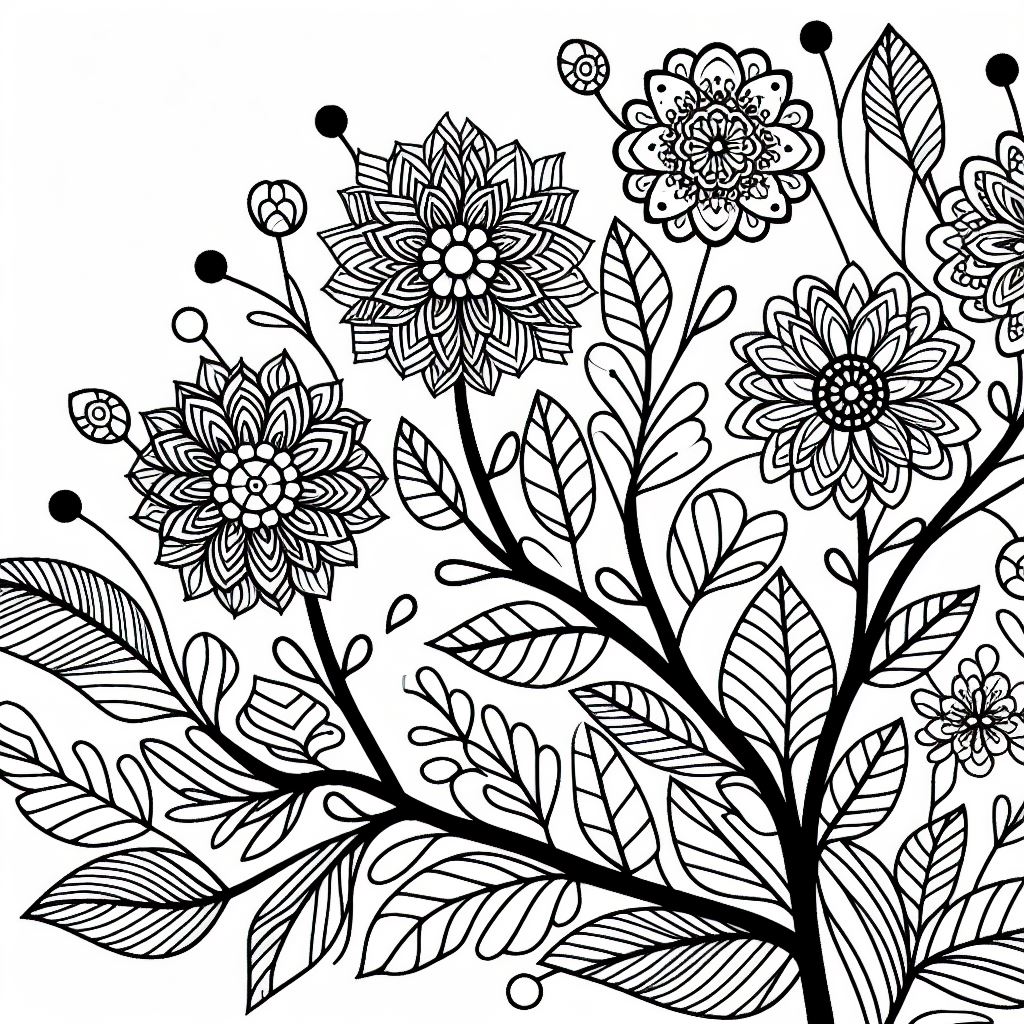 A black and white drawing of flowers and leaves