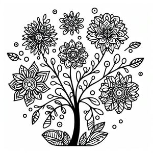 A black and white drawing of a tree with flowers 3