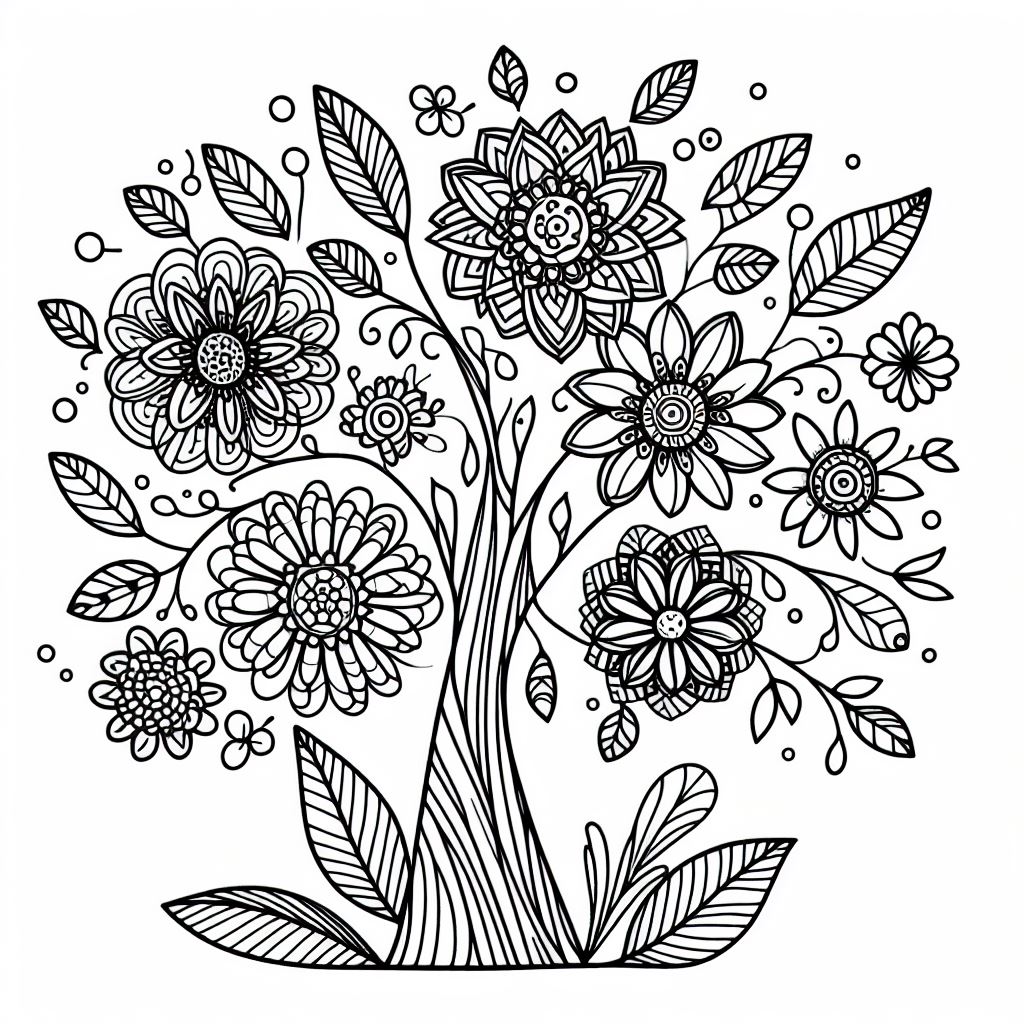 A black and white drawing of flowers in a vase