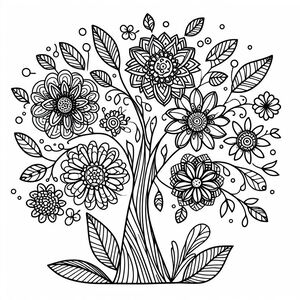 A black and white drawing of flowers in a vase