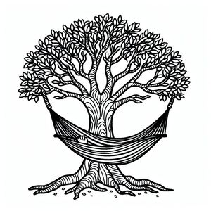 A black and white drawing of a tree in a hammock