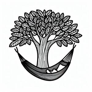 A black and white drawing of a tree with a hammock