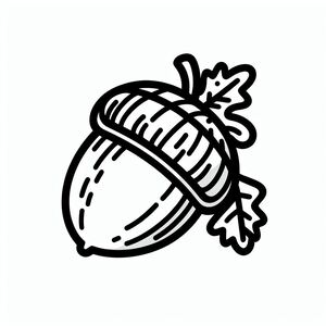 A black and white drawing of an acorn