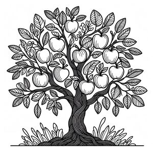 A black and white drawing of an apple tree