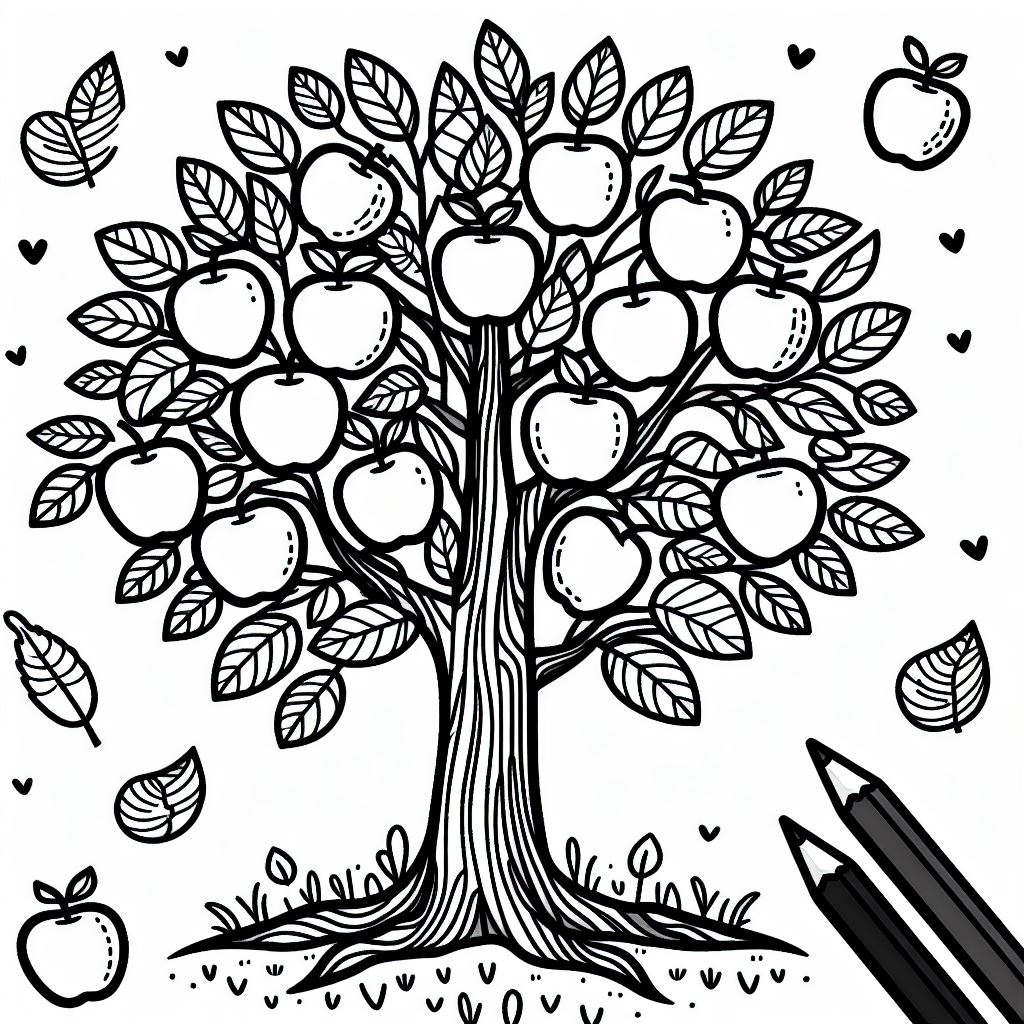 A drawing of a tree with apples and leaves