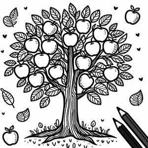 A drawing of a tree with apples and leaves