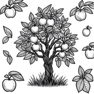 A drawing of an apple tree with apples around it