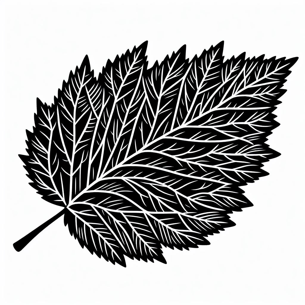 A black and white drawing of a leaf