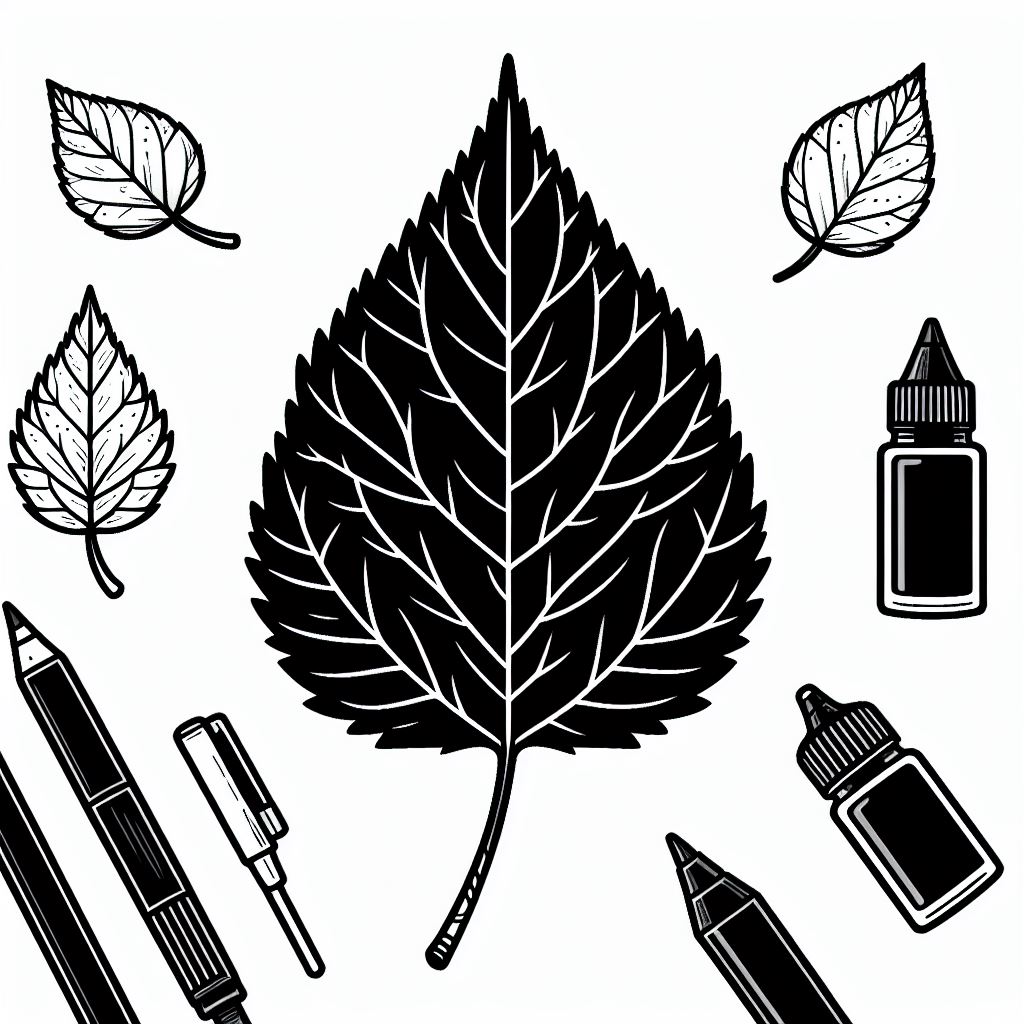 A black and white image of a leaf, pens, and ink