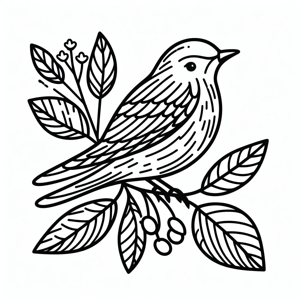 A bird sitting on a branch with leaves