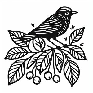 A black and white drawing of a bird on a branch