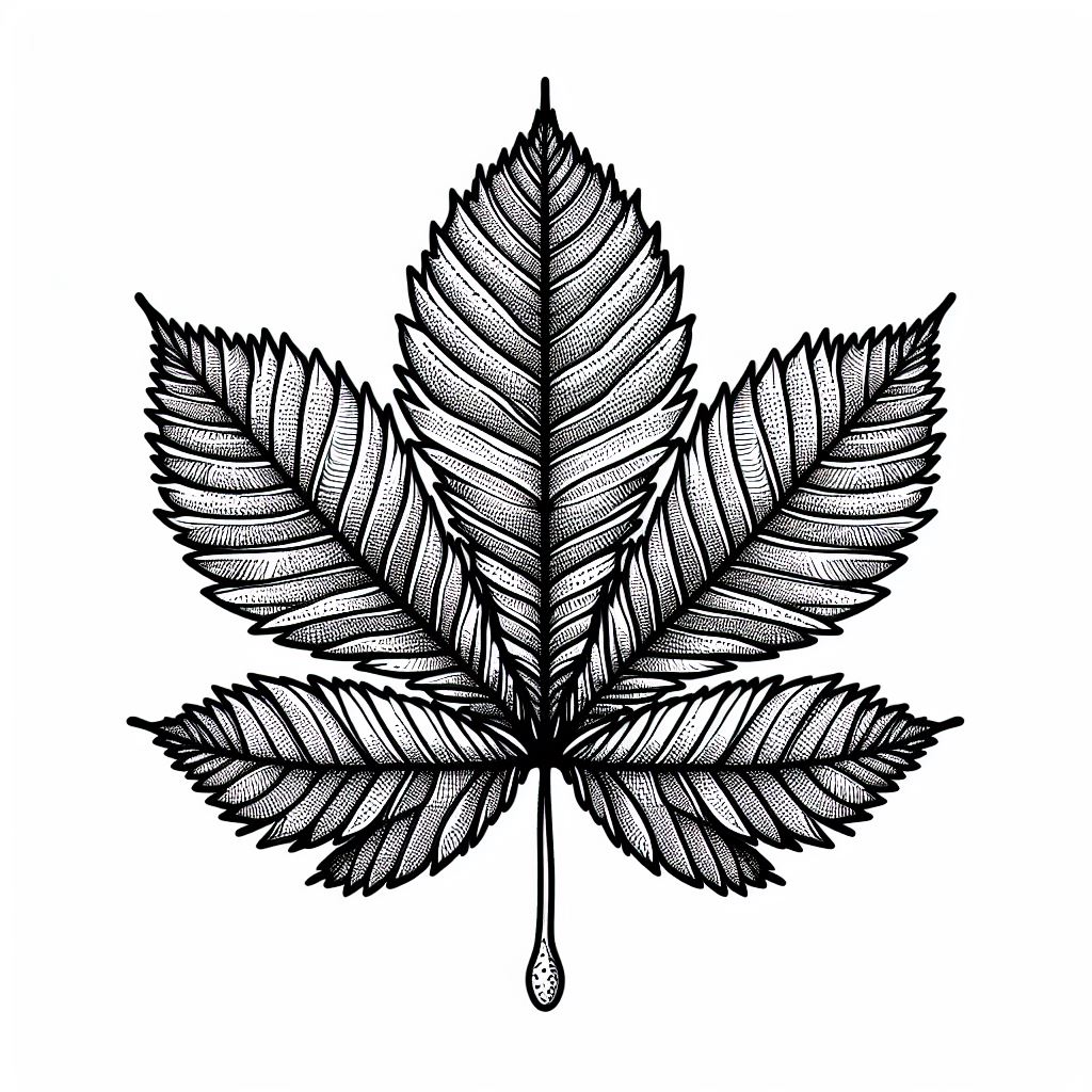 A black and white drawing of a leaf