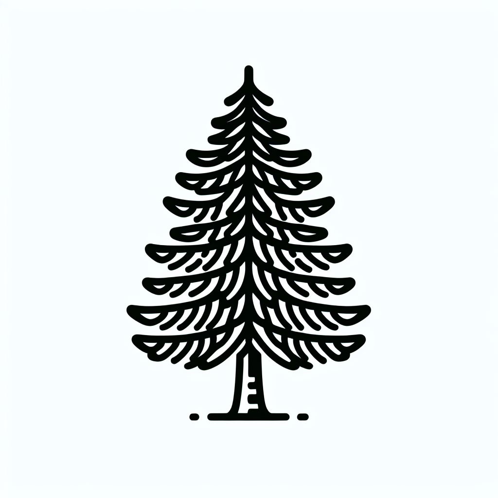 A black and white drawing of a pine tree