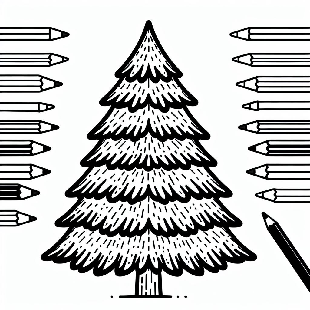 Một bức vẽ của một cây thông Noel được bao quanh bởi bút chì