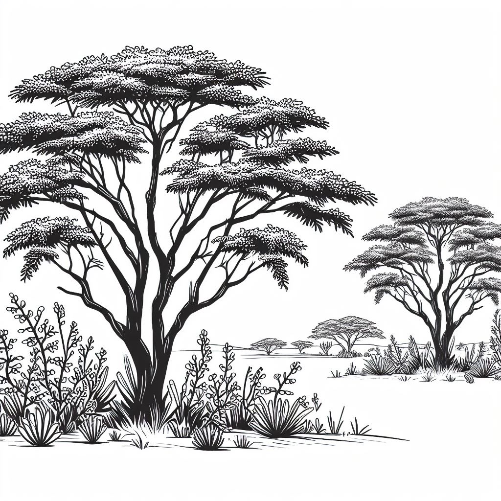 A black and white drawing of trees and bushes