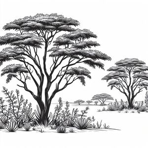 A black and white drawing of trees and bushes