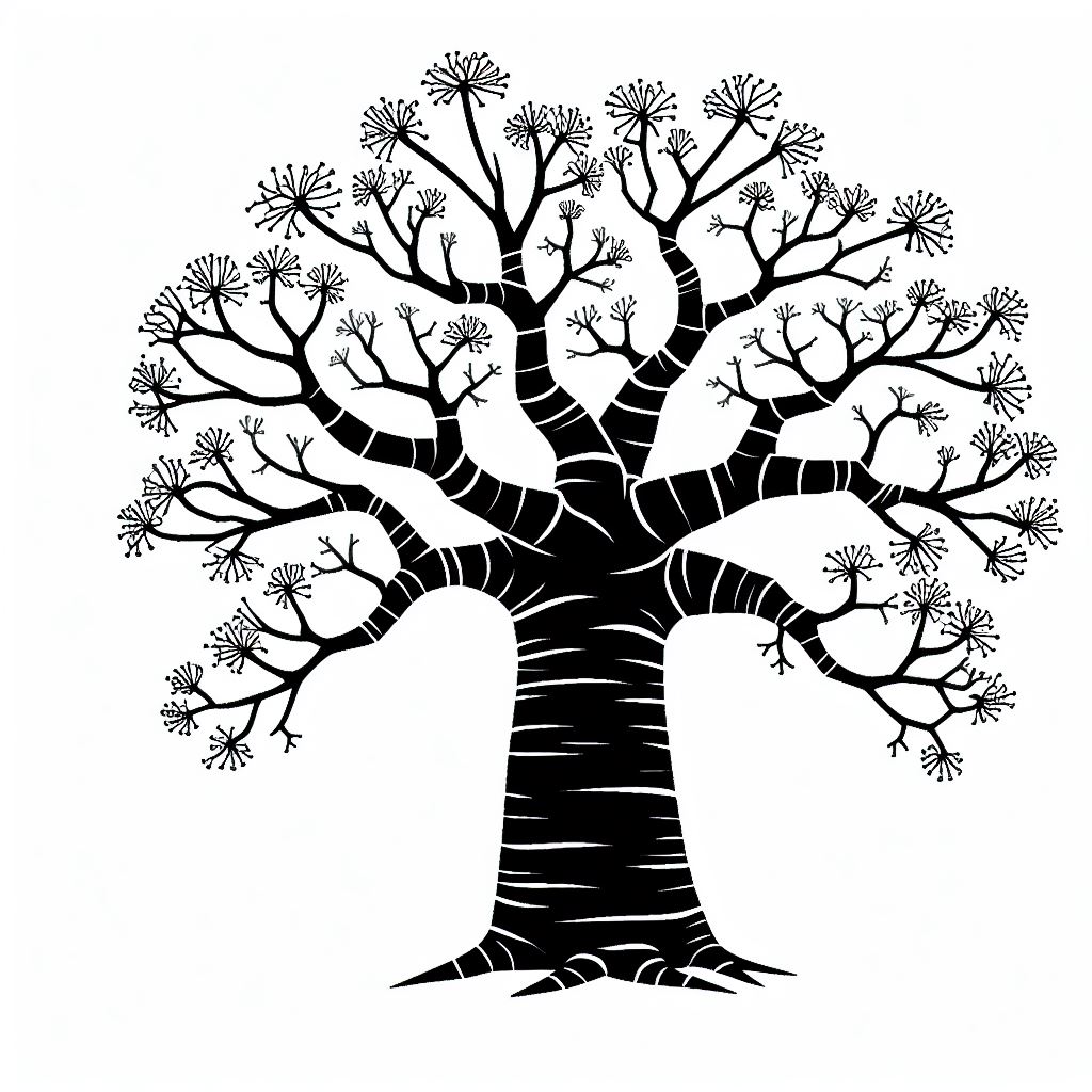 A black and white drawing of a tree