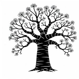 A black and white drawing of a tree