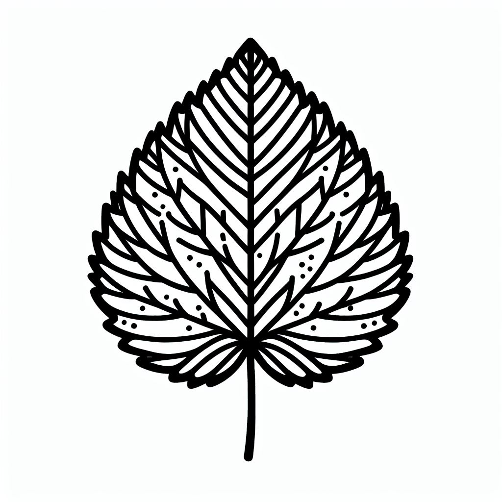 A black and white drawing of a leaf