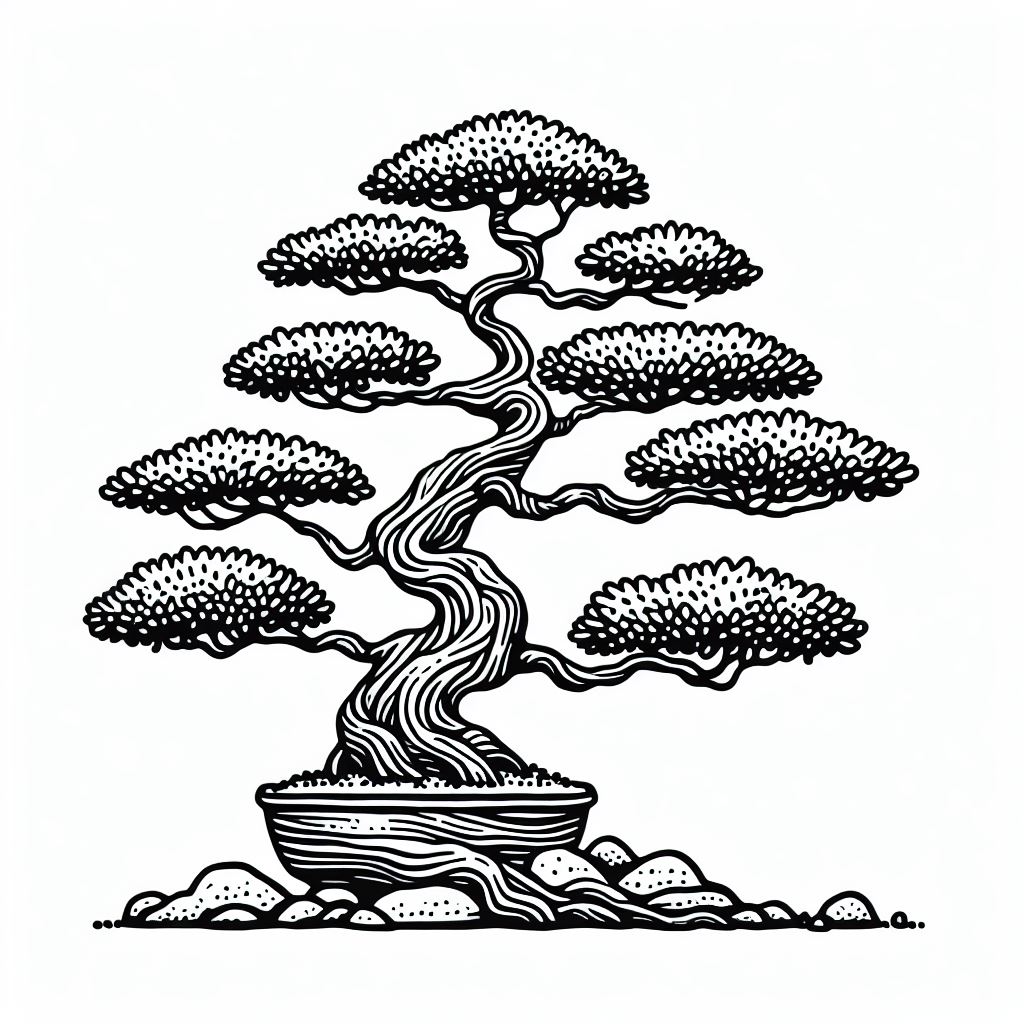 A black and white drawing of a bonsai tree 3