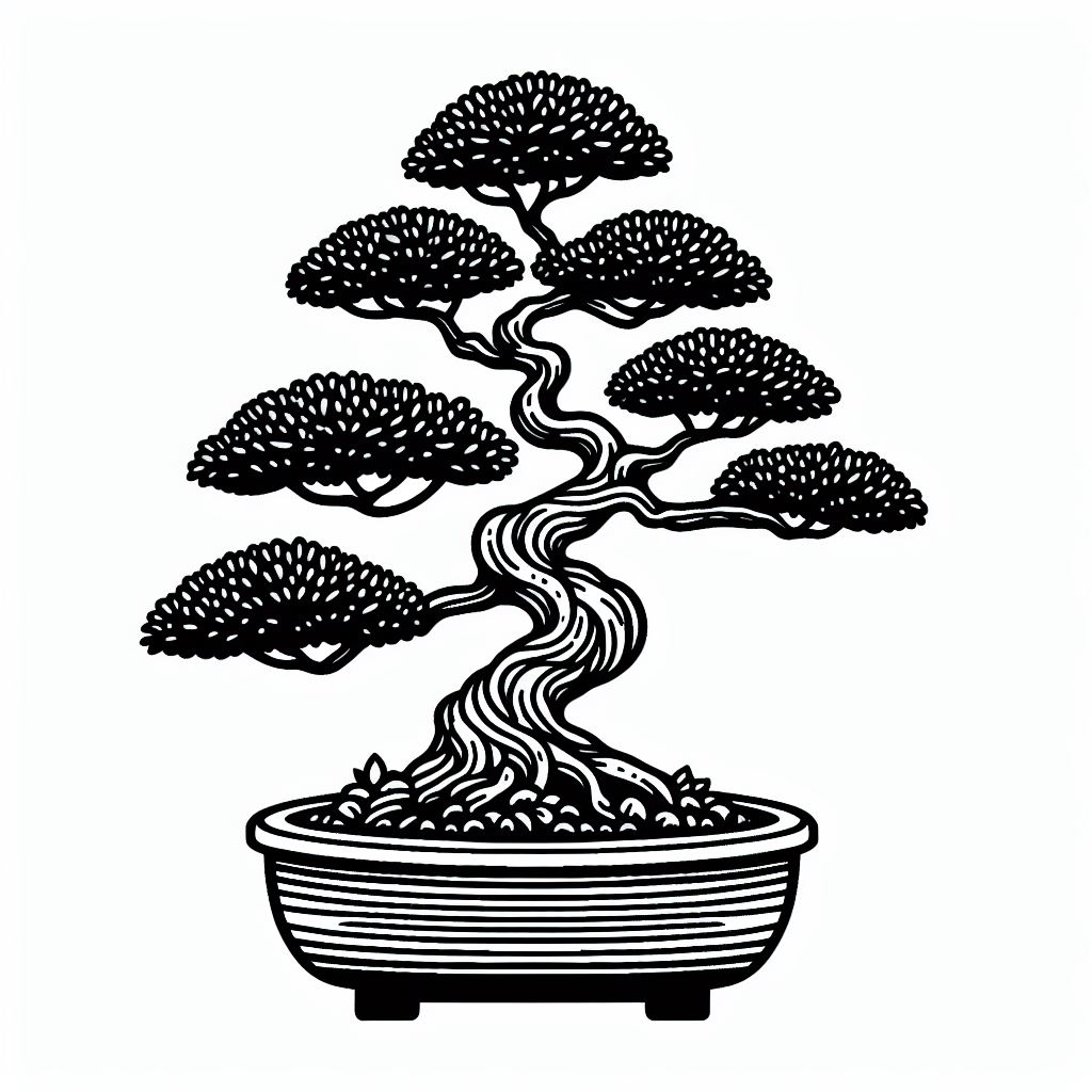 A black and white drawing of a bonsai tree