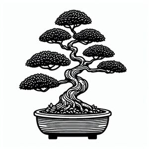 A black and white drawing of a bonsai tree