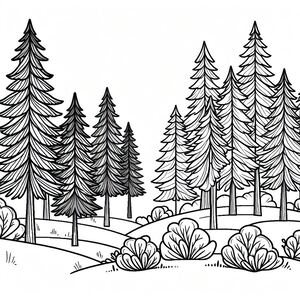 A black and white drawing of a forest