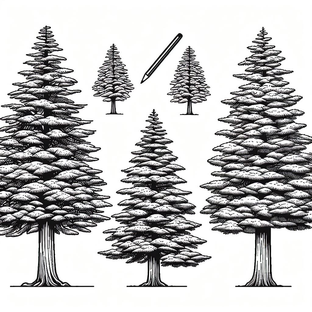 A line of pine trees with different sizes and shapes