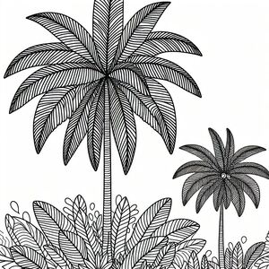 A black and white drawing of a palm tree