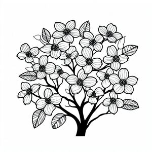 A black and white drawing of a tree with flowers 4