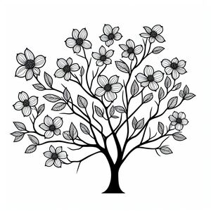 A black and white drawing of a tree with flowers