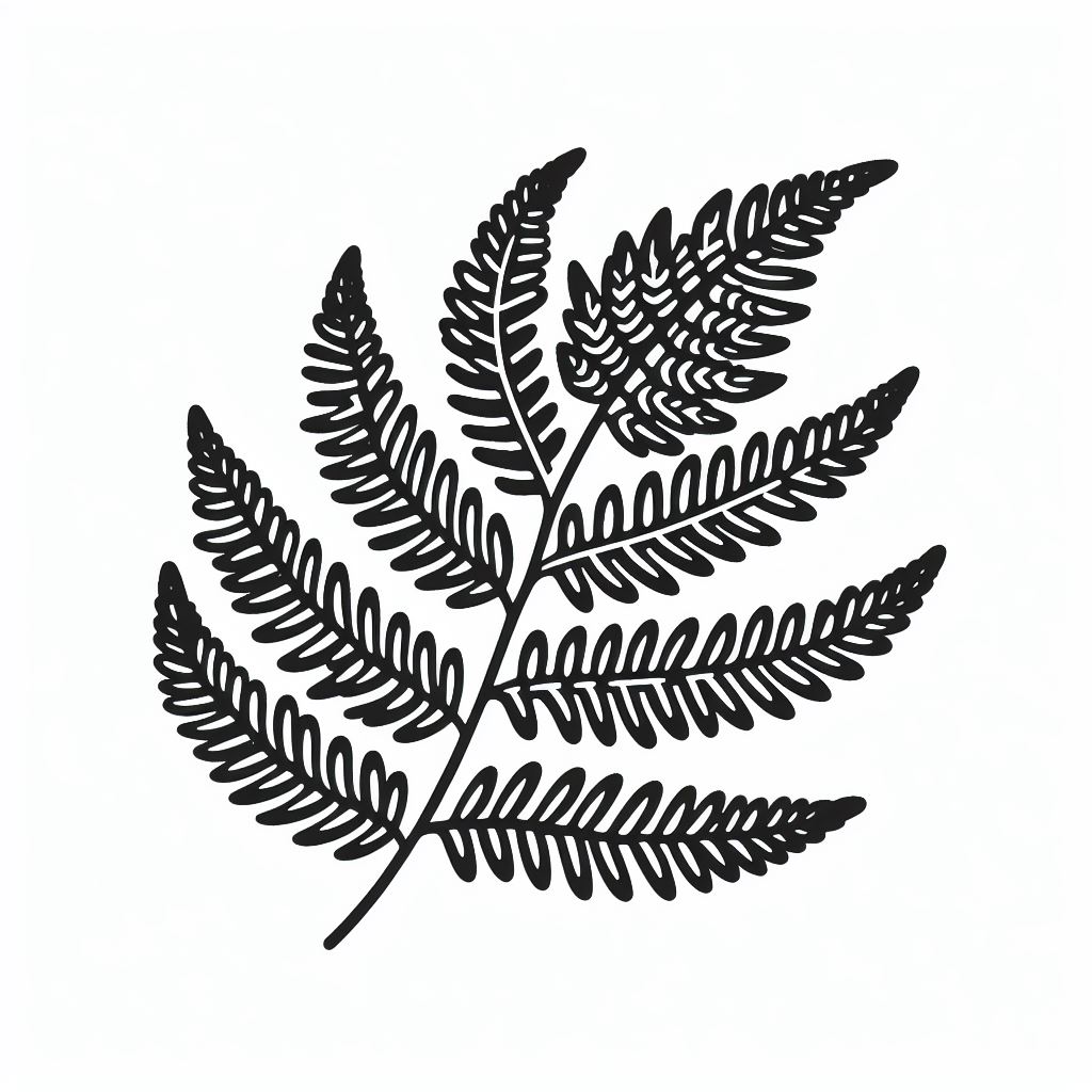 A black and white drawing of a fern leaf